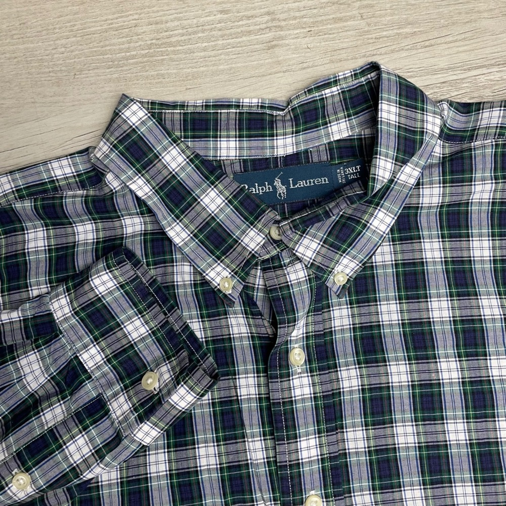 Ralph‎ Lauren Mens 3XLT Tall Plaid Button Down Shirt Navy Green White Pony Logo